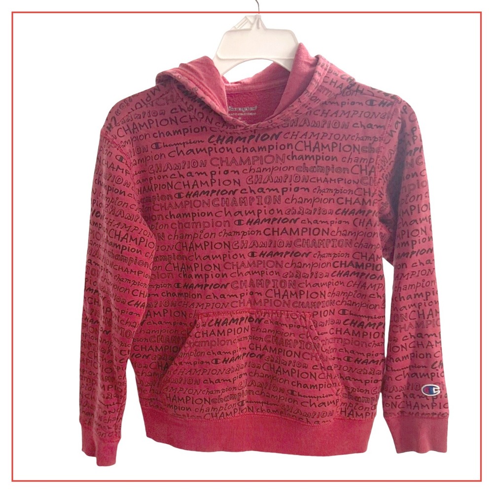 Kids Champion Red All Over Logo Hoodie Sweatshirt Size Medium Unisex